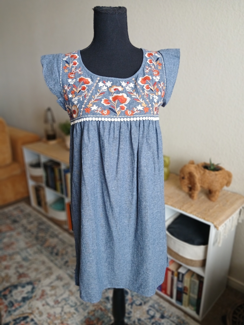 THML Chambray Top with Orange and Cream Floral Embroidery